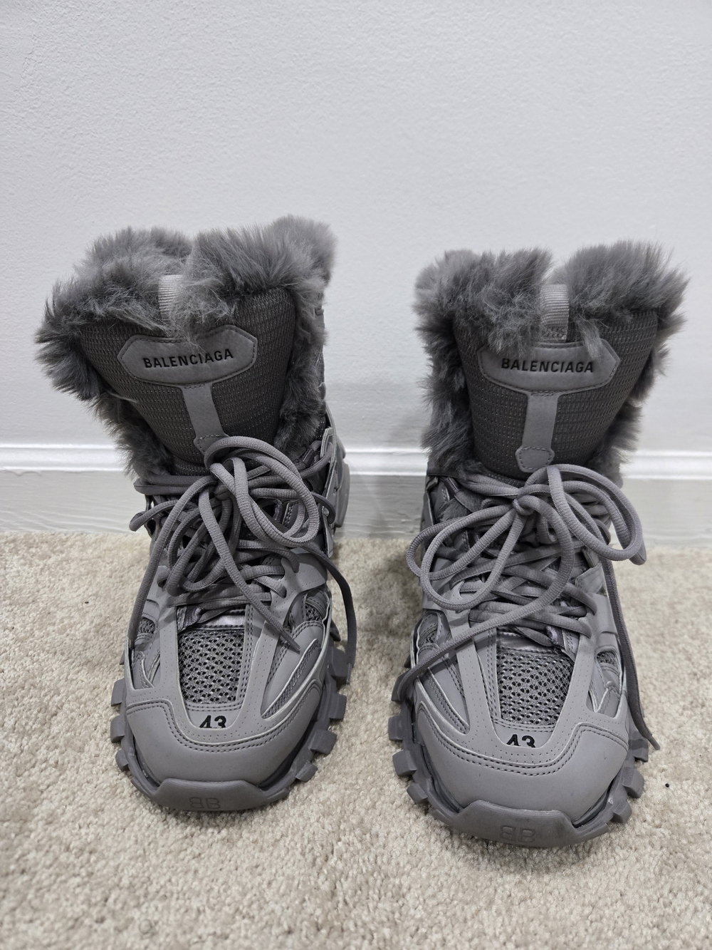 Balenciaga Gray Fur-Trim Trail Sneakers